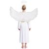 Womens Angel Cosplay Costume Long Sleeve Gold Trim Angel Dress Gown Feather Wings Headwear Set