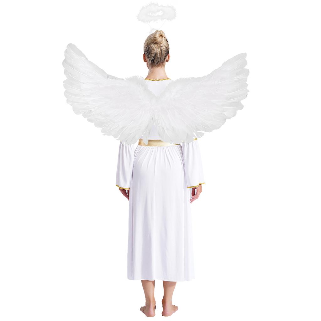 Womens Angel Cosplay Costume Long Sleeve Gold Trim Angel Dress Gown Feather Wings Headwear Set