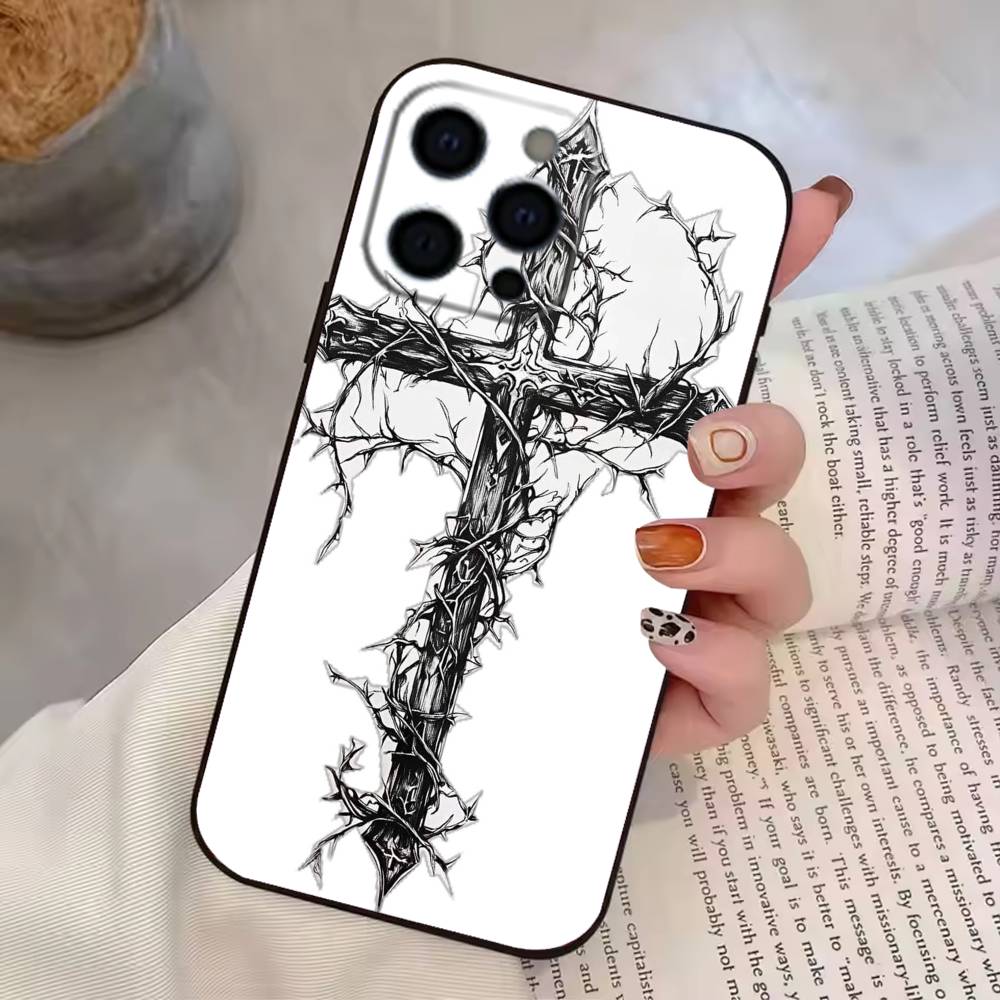 Gotisches Kreuz Ranke Transparent Handyhülle Für iPhone 17,16,15,14,13,12,11 Plus,Pro Max,XS,Weiche Silikon Schwarze Hülle