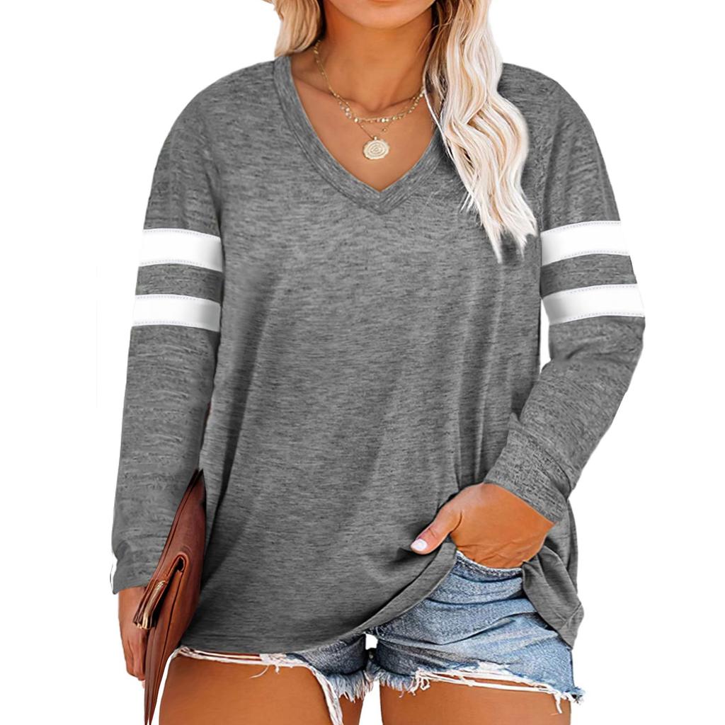 Women's Casual V Neck Pullover Long Sleeve Striped Colorblock  Oversized Shirts