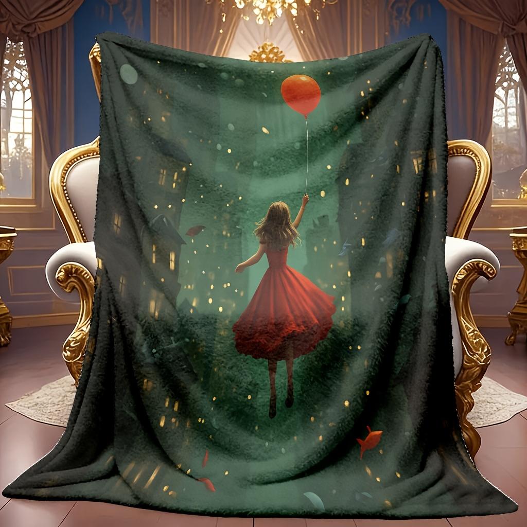Comfortable Dreamy Girl Floating with Red Balloon Theme Flannel Blanket Soft High-Definition Digital Print Cooling Blanket All-Season, Family and Frie