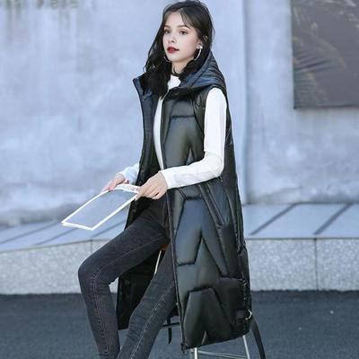 Chaleco de Invierno para Mujer con Capucha Grueso sin Mangas Superficie Brillante Acolchado con Bolsillos Cierre de Cremallera Largo Medio Abrigo para Exterior