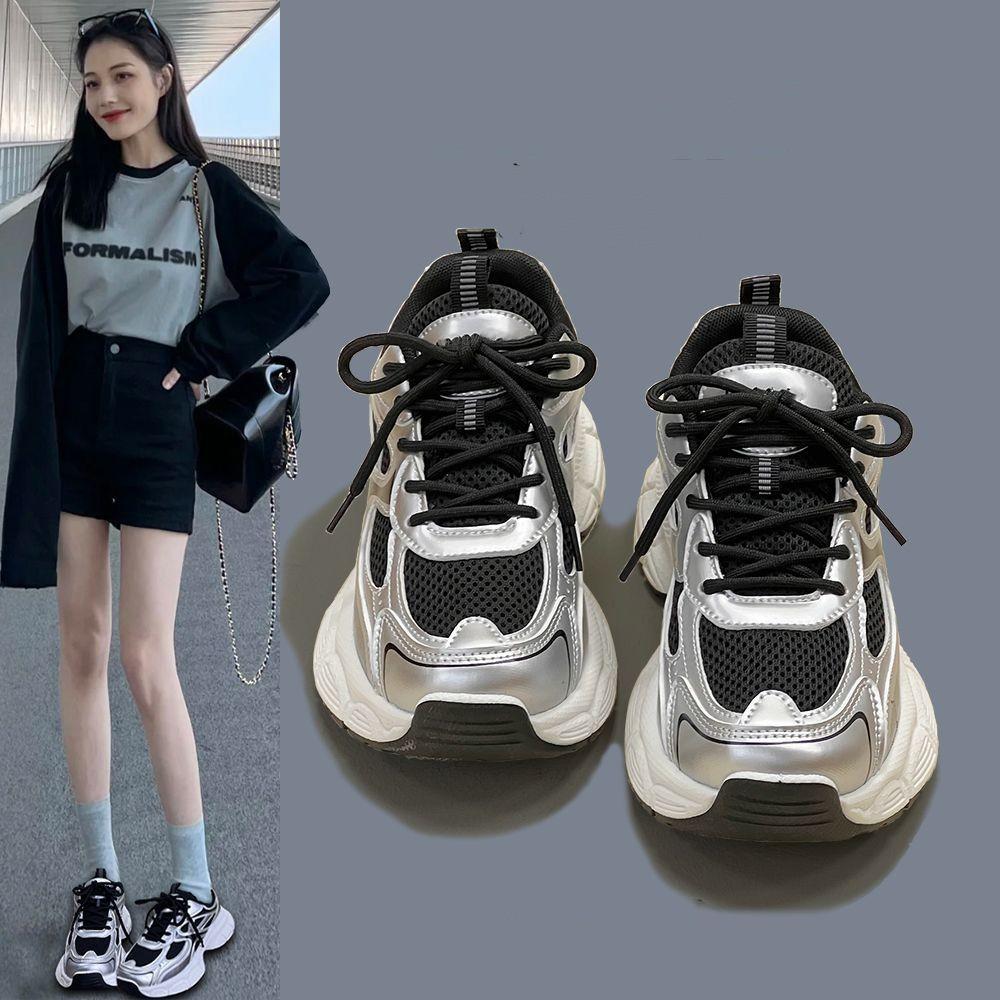 Thick-soled silver dad shoes women's autumn new shock-absorbing versatile student campus breathable casual sports running shoes