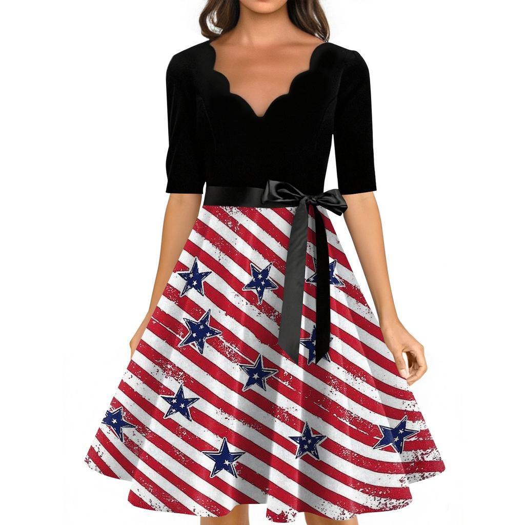 Women’s Vintage Scalloped Neck Half Sleeve Fit and Flare Dress with Star and Firework Print A Line Midi Skirt Tie Waist