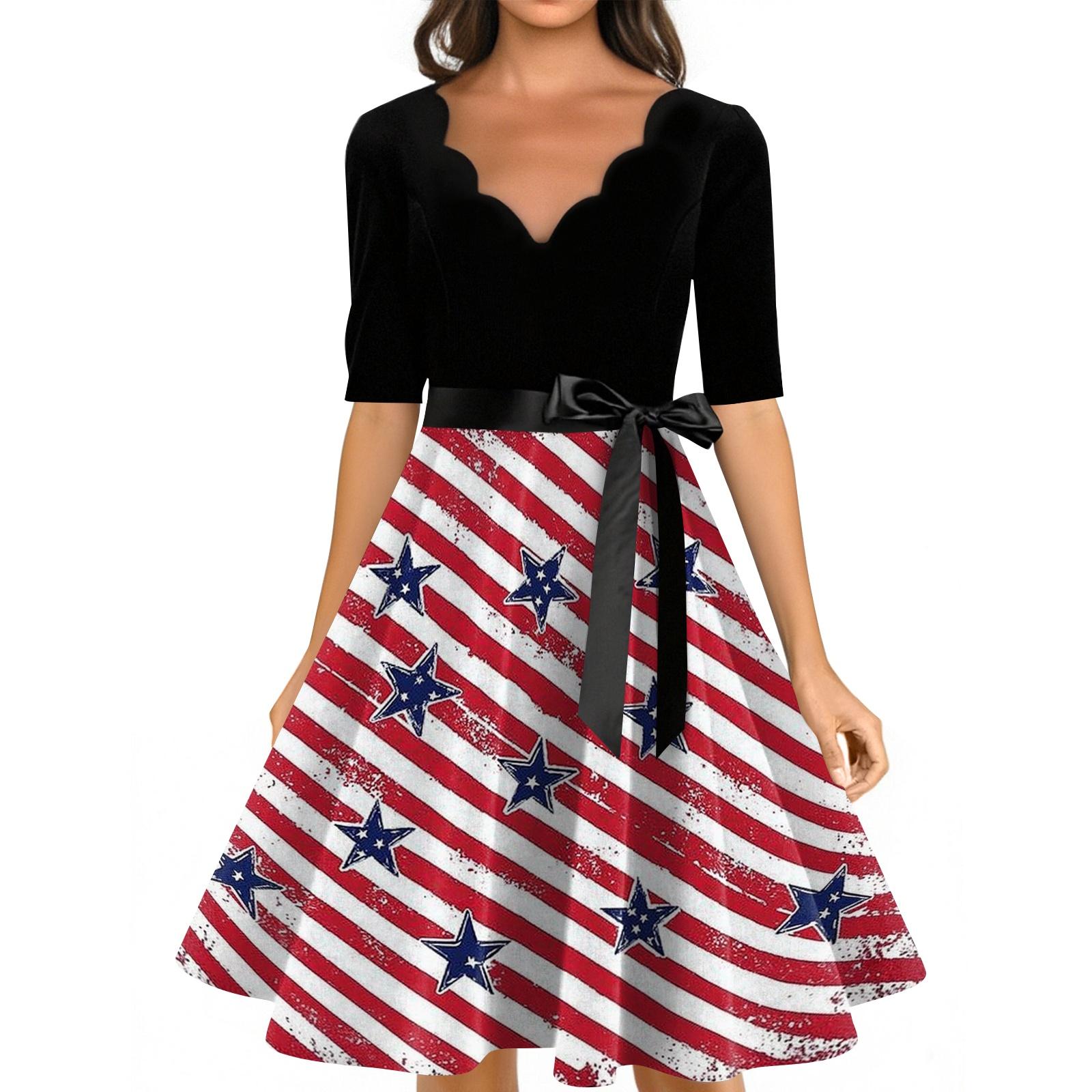 

Женское повседневное модное платье с принтом ко Дню Независимости, V-образным вырезом, в ретро-стиле, с коротким рукавом S винный