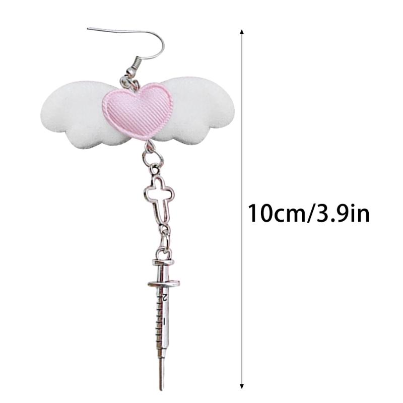 Unique Gothic Earwear Fashion Angel Wing Heart Earrings Y2k Aesthetics Jewelry Crucifix Syringe Ear Hooks/Ear Clips