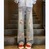 Full of Rose Flower Jacquard Jeans Men's Trendy Brand Handsome Pants American High Street Slightly Curved Pants