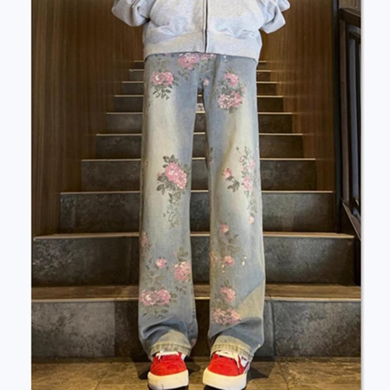Full of Rose Flower Jacquard Jeans Men's Trendy Brand Handsome Pants American High Street Slightly Curved Pants