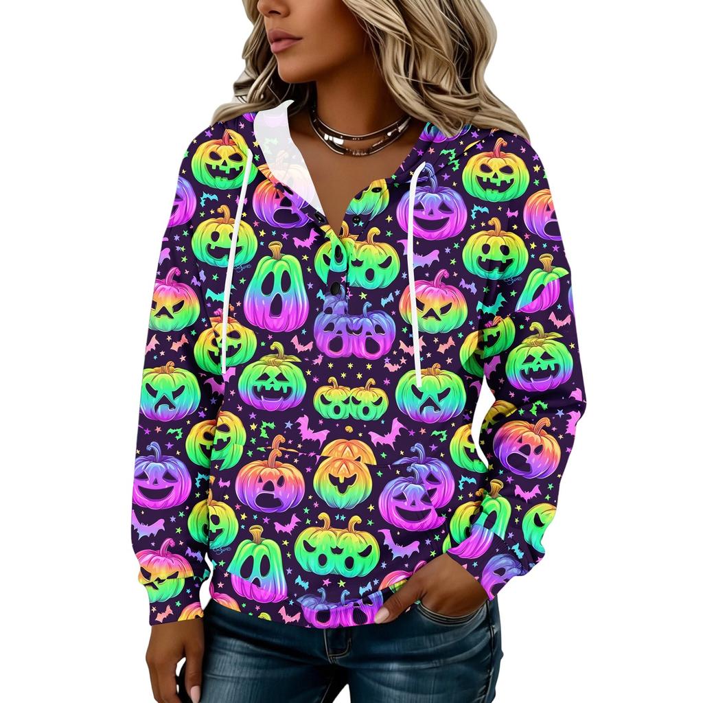 Women's Fashion Hooded Button Front Halloween Print Sweatshirt