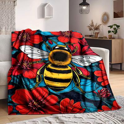 1pc Bee Floral Pattern Blanket Lightweight Flannel Blanket Throw Blanket For Sofa, Bed, Travel, Camping, Livingroom, Couch, Chair, And Bed Yy250902616