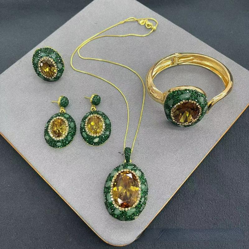 Natural Turkish Color-changing Stone Set with Green Rhinestone 4-piece Jewelry Exquisite Fashion Women's Party Accessories
