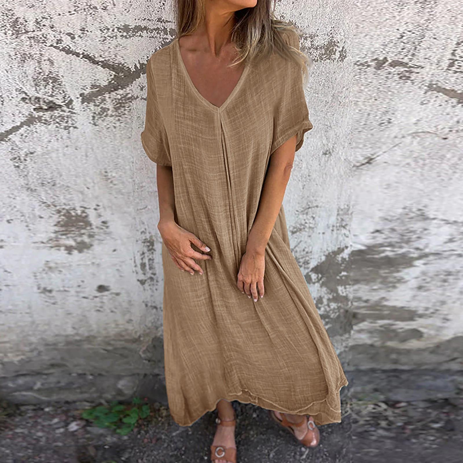 

Жіноче літнє однотонне повсякденне модне плаття міді з бавовни та льону з v-подібним вирізом L бежевий