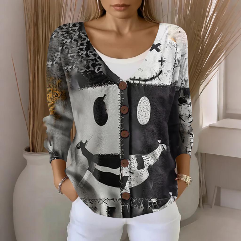 Women's Fashion Casual Knit Sweater Button-Up Halloween Printed  Cardigan Jacket