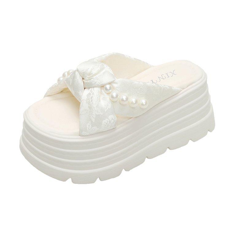 2025 spring and summer new cool slippers muffin thick bottom small bow pearl thick bottom fashion slippers