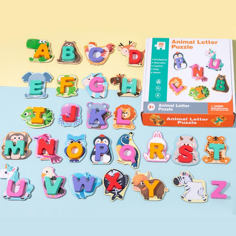 Wooden Animal Letter Puzzle Set, 26 Letters And Patterns Matching Puzzle, Alphabet Letter And Words Learning Toy