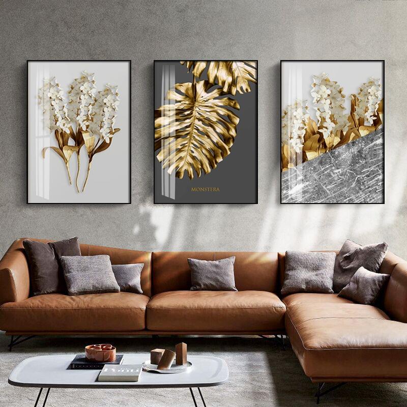 Simple Golden Abstract Leaf Wall Art Canvas Painting Feather Poster Picture Living Room Home Decoration