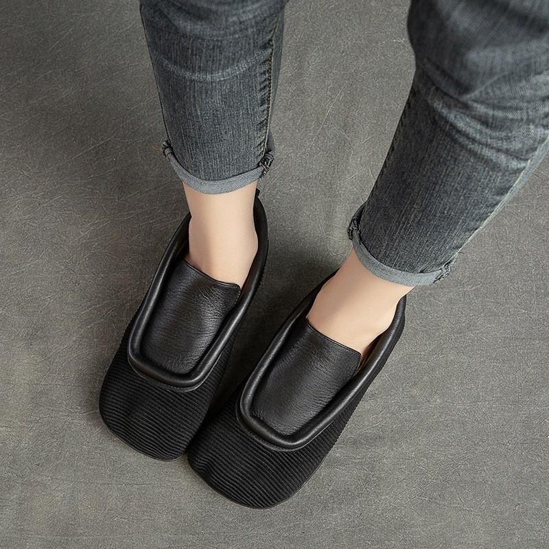 Johnature Retro Round Toe Flats Lightweight And Versatile Genuine Leather Splicing Women's Slip-on Shoes