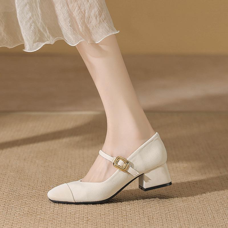 Mary Jane shoes spring and summer new square head evening breeze single shoes women's medium thick heel one-word buckle with shallow mouth wedding