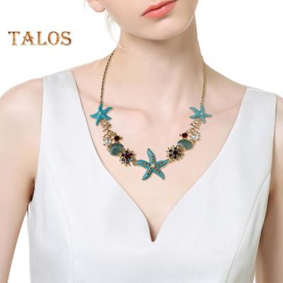Exaggerated Women Necklace Ocean Theme Starfish Coral Shell Hollow Out Faux Pearl Rhinestone Decor Adjustable Length Lady Vacation Beach Neck Jewelry