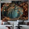 2D Enchanted Tree Arch Tapestry Hanging Lantern & Glowing Light Forest Wall Decor