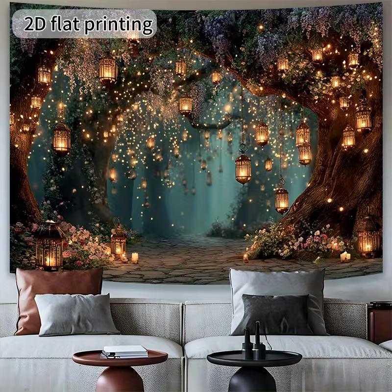 

2D Enchanted Tree Arch Tapestry Hanging Lantern & Glowing Light Forest Wall Decor 47.2x31.5inch/120*80cm