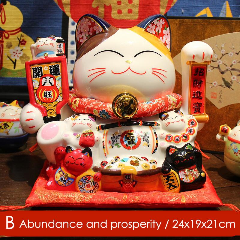 8.2 Inch Ceramic Lucky Cat Ornament Maneki Neko Beckoning Cat with Movable Arm Porcelain Figurine Decoration Statue