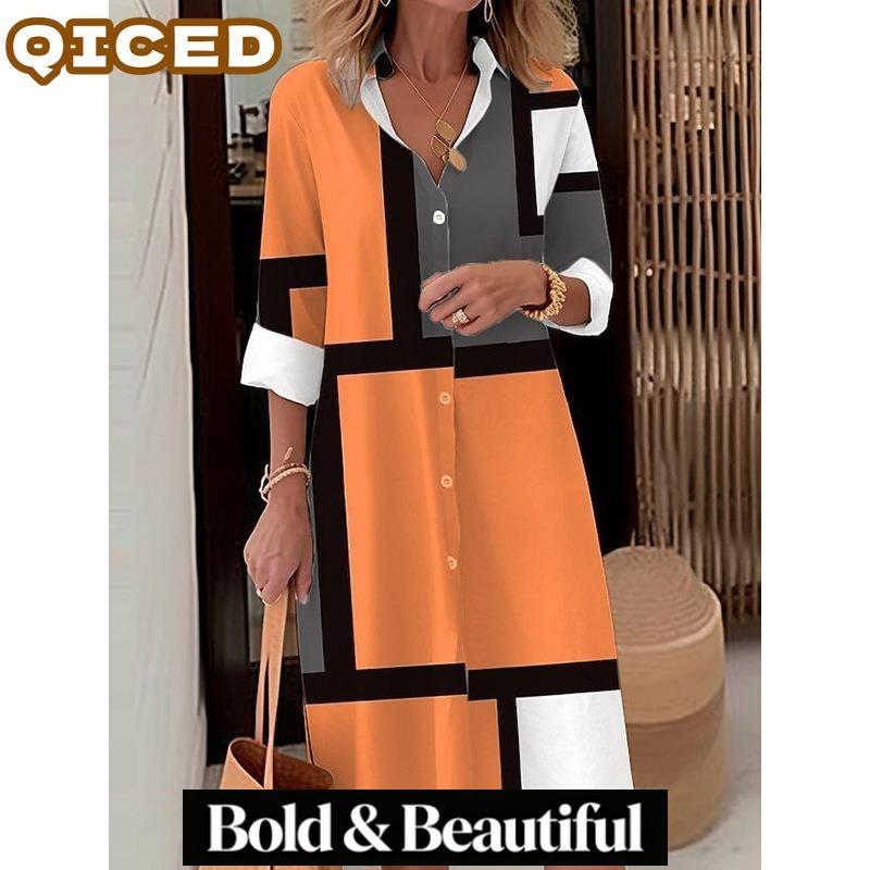 QICED Fashion Summer Spring Long Sleeve POLO Neck Casual Dresses
