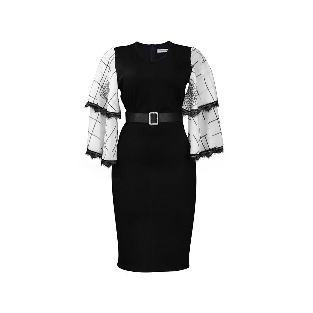 

Жіноча літня модна літня сукня великого розміру з розкльошеними рукавами Жіноча суцільна сукня-футляр з V-подібним вирізом і поясом XXXL чорний