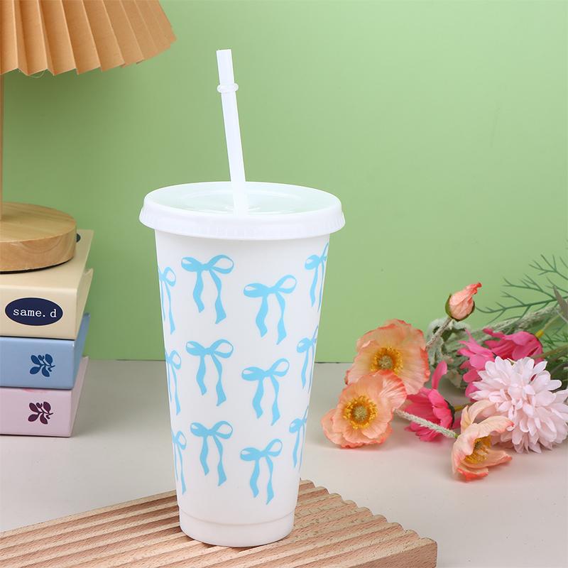 1Pc 710Ml Kawaii Bow Reusable Party Cups With Straw Lid Coffee Juice Tea Cute Tumbler With Straw Plastic Cups Summer Gifts