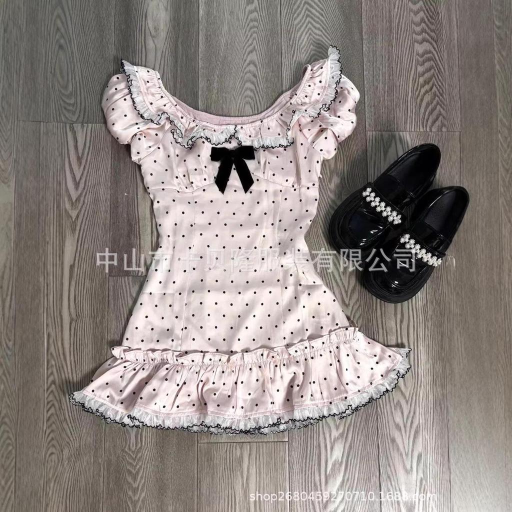 Sweet Girl Pink Polka Dot Ruffle Bow Slimming Date T-Shirt - Women's Short Sleeve Top