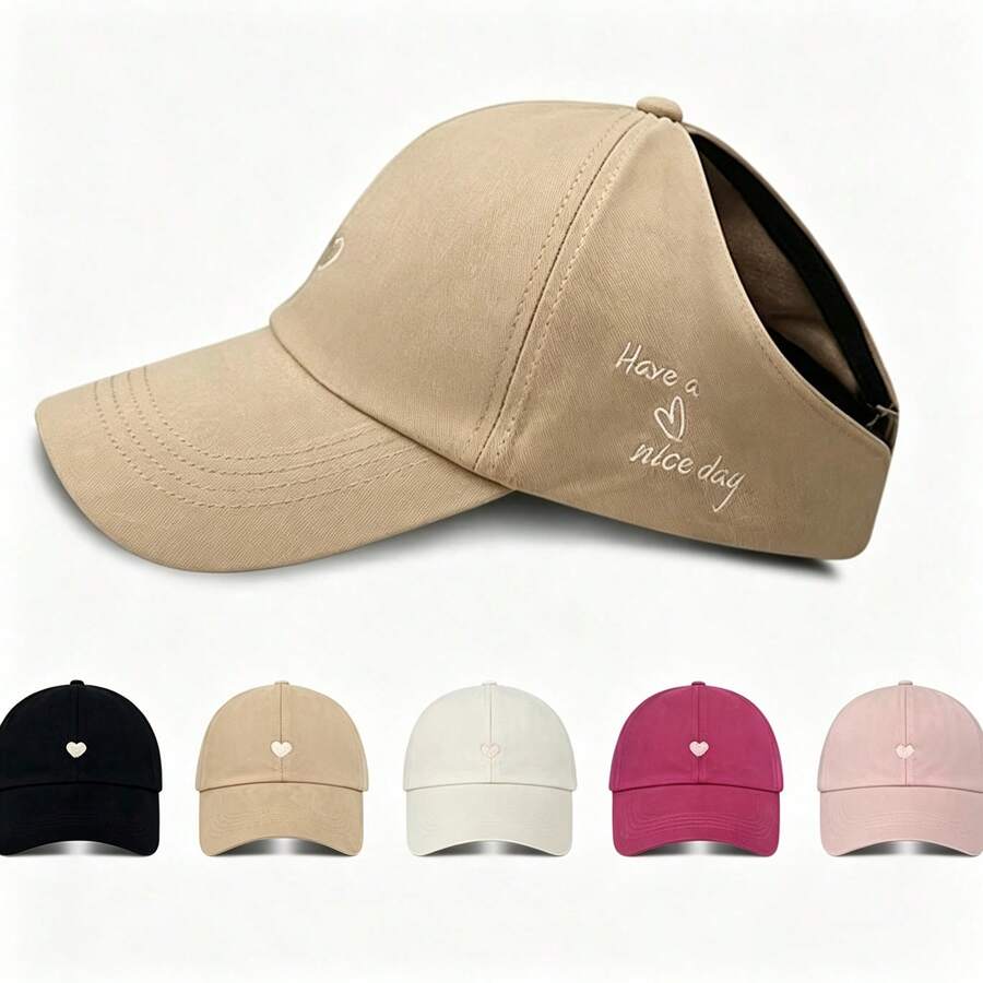 Heart Embroidery Baseball Cap With High Ponytail Opening For Women Summer Sun Visor Hat