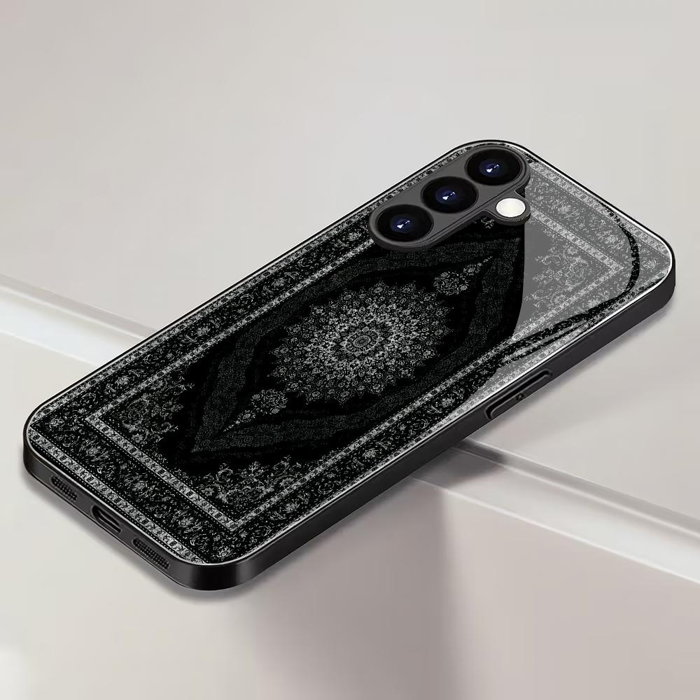 Black Persian tempered glass phone case suitable for Samsung Galaxy S26 S25 S24 S23 S22 S20 FE/Ultra/Plus anti drop back cover