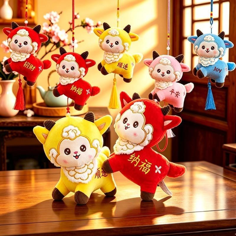 Soft Fluffy Year Of The Goat Plush Pendant With Lucky Blessing Embroidery For Spring Festival Decor New Year Gifts