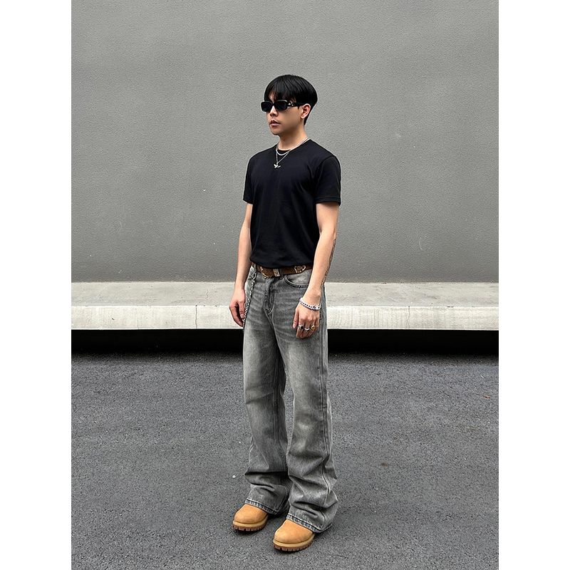 Blaexit American High Street Paris Bootcut Smoky Gray Flared Jeans Men's Vintage Straight-Leg Scimitar Pants