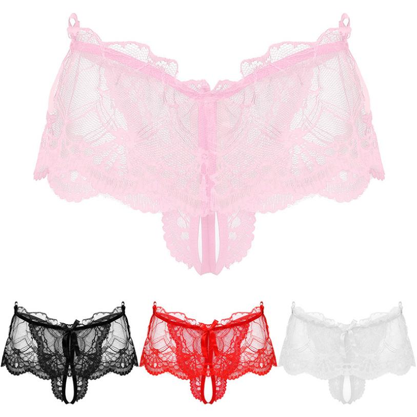 Mens Sexy Panties Bikini Briefs See-Through Lace Underwear Crotchless Underpants Sissy Thongs