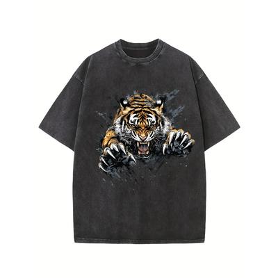 Men Casual Crew Neck T-ShirtShort Sleeve with Creative Tiger Drawing Print Slight Stretch Knit Fabric