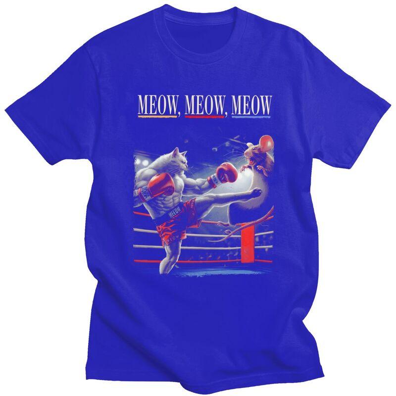 Meow Boxing Cat T Shirt for Men 100 Cotton Tshirts Streetwaer Short Sleeve Tee Shirt Loose Fit Clothing Gift