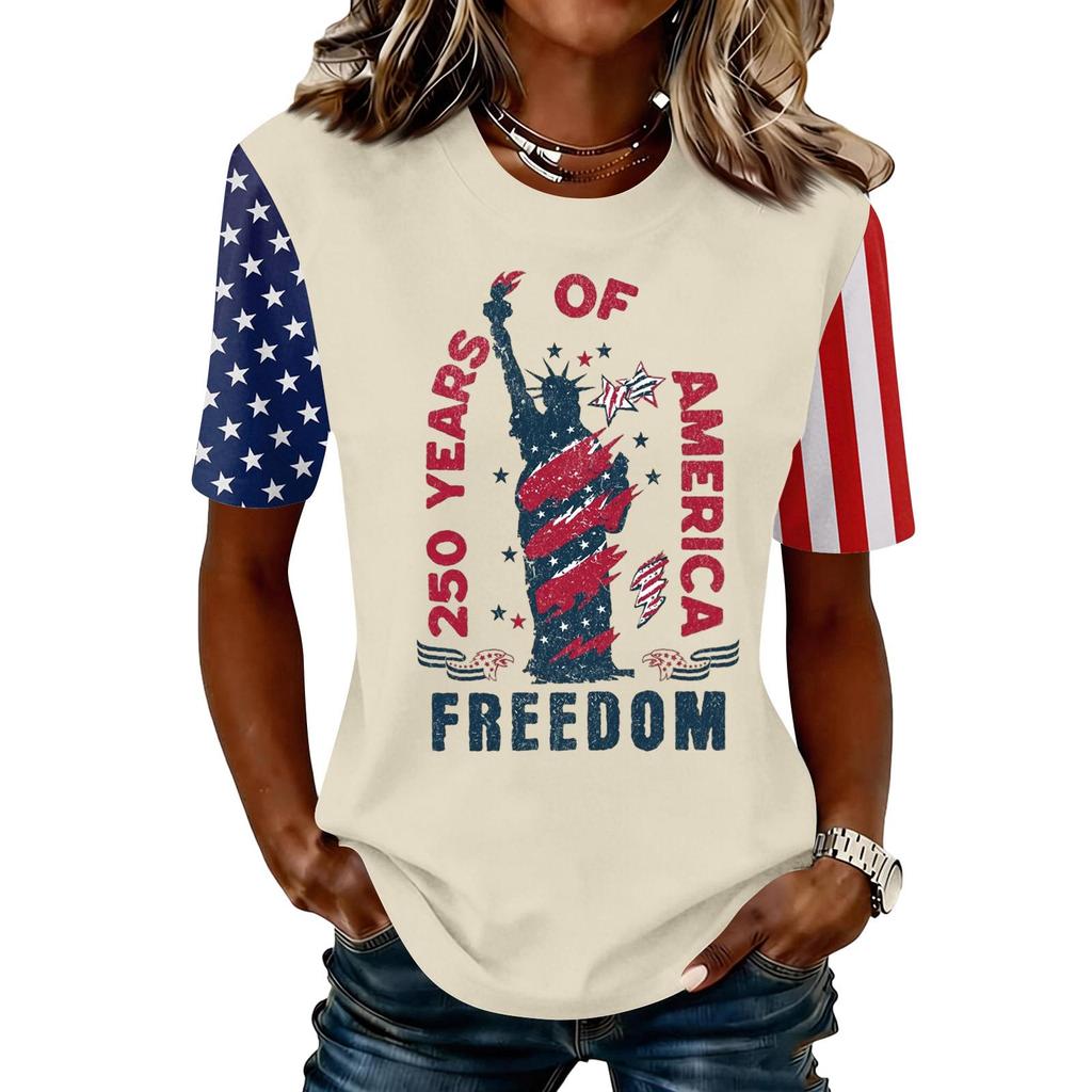 Blusa Feminina da Moda Casual de Manga Curta com Estampa e Gola Redonda