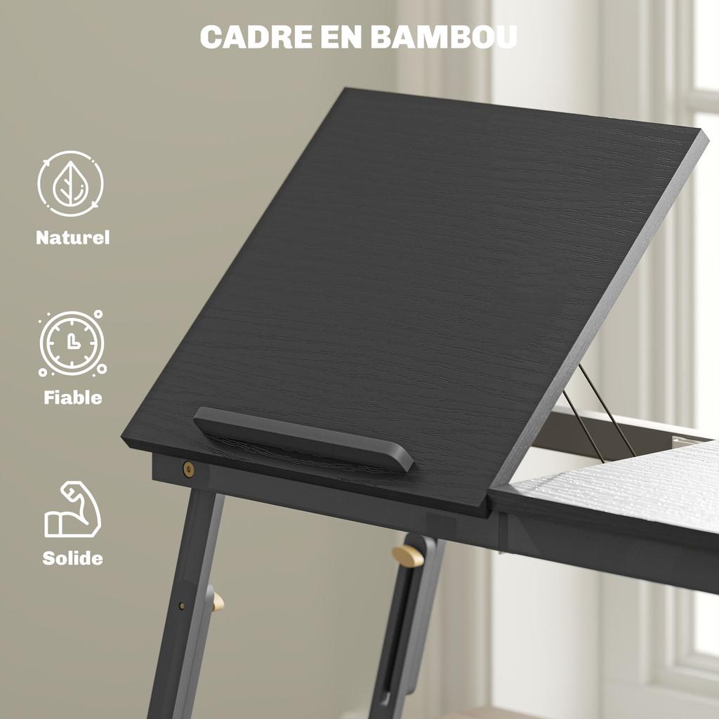 Foldable and adjustable bed table, bamboo laptop bed tray tilting top 83.5x33x34cm black