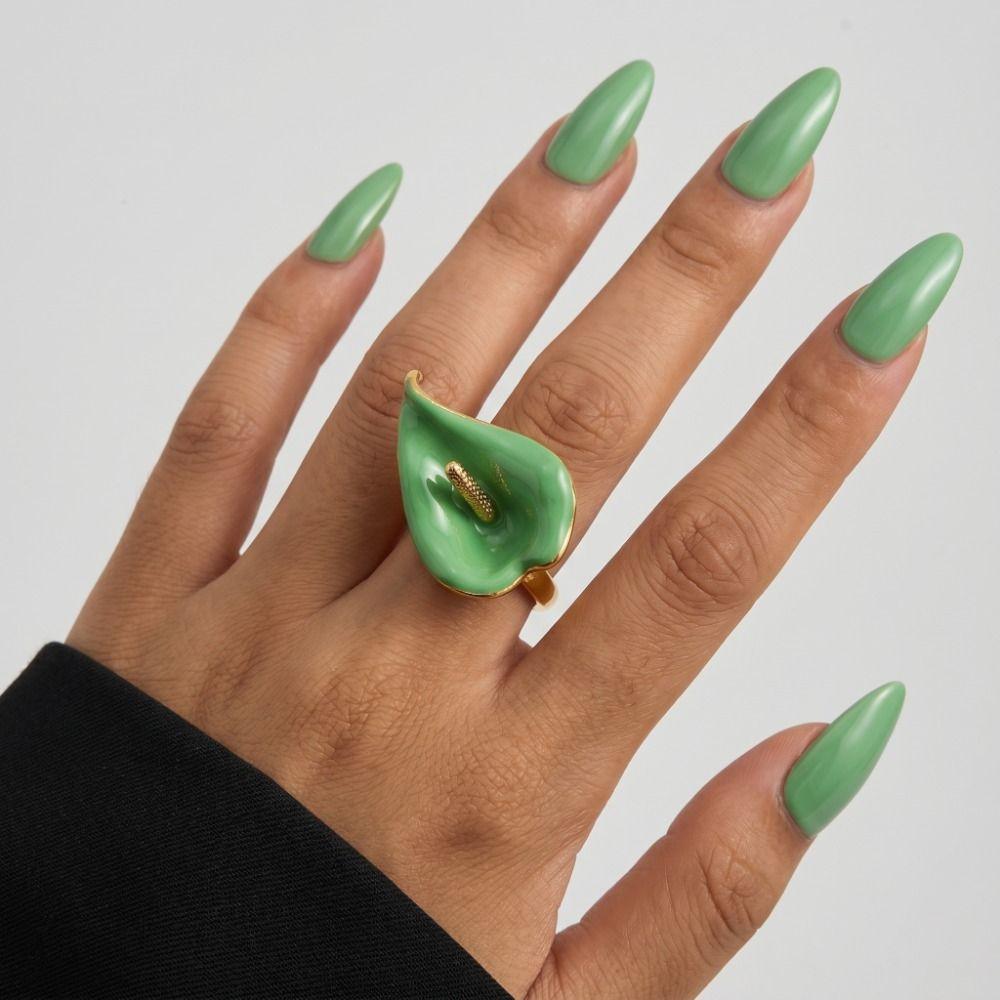 Metal Geometric Open Ring Adjustable Vintage Ring Elegant Enamel Calla Flower Ring Women