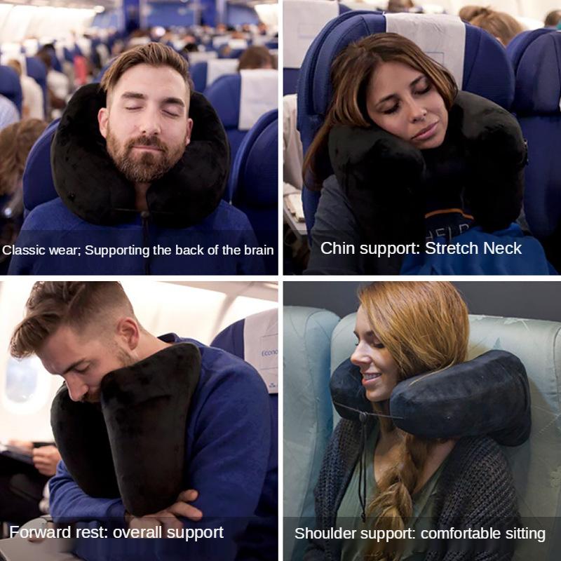 H-shaped inflatable travel pillow with hood foldable lightweight neck car seat, popular chair office airplane seat pillow