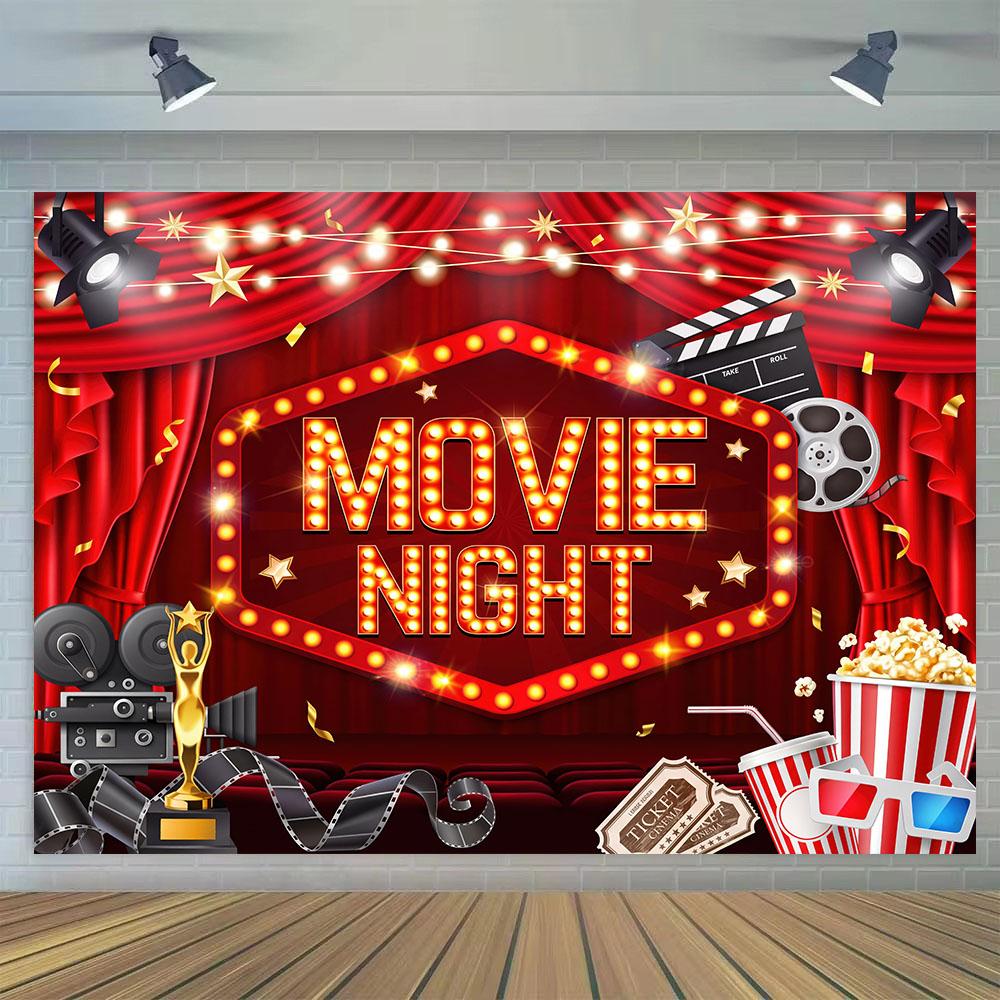 Movie Night Theme Party Decoration Above Table Banner Happy Birthday Backdrop for Dance Prom Photography Background Ball Poster