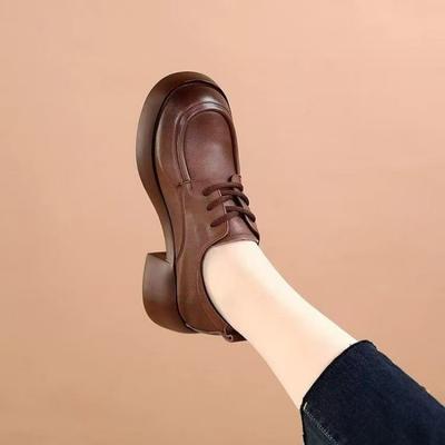 Frühling 2025 neue britische kleine Lederschuhe dicker Absatz Einzelne Schuhe Schnürschuhe bequem runder Zeh weiche Sohle Arbeitsschuhe