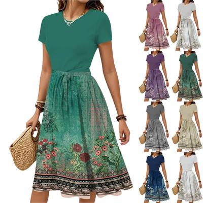 Women's Casual Fashion Belted Vintage Printed Short Sleeve Round Neck Elegant Dress