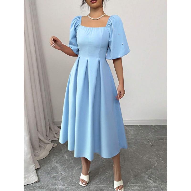 Europe, America 2026 summer new fashion temperament design square neck bubble sleeve bubble puff dress