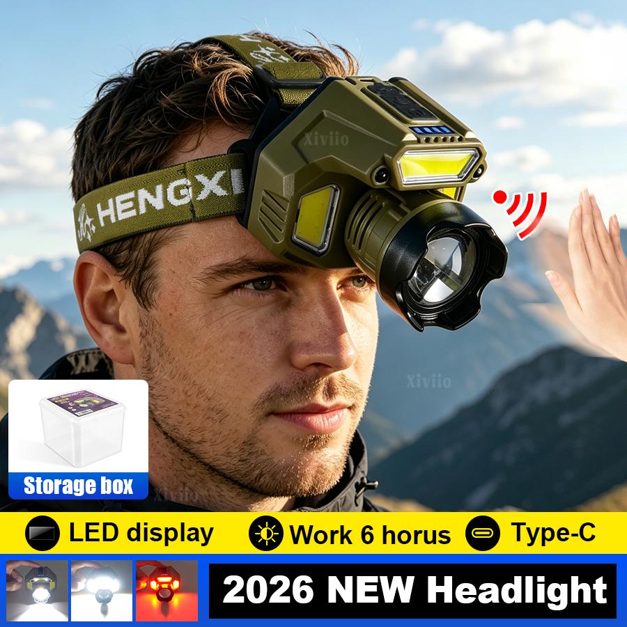 2026 New Powerful LED Headlamp IR Sensor Headlight USB Rechargeable COB Work Light For Camping Hiking Fishing