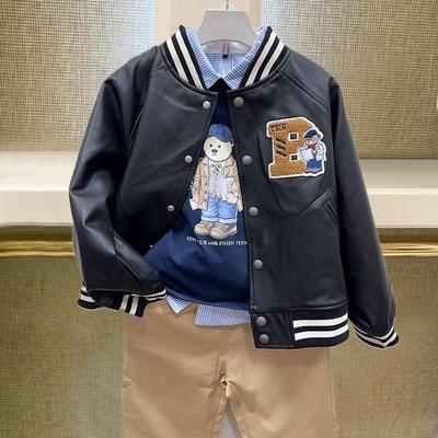 Blouson de Baseball Tendance en Cuir pour Garçons avec Broderie - Style Printemps/Automne, Un Boutonnage, Manches Longues Vêtement d'Extérieur