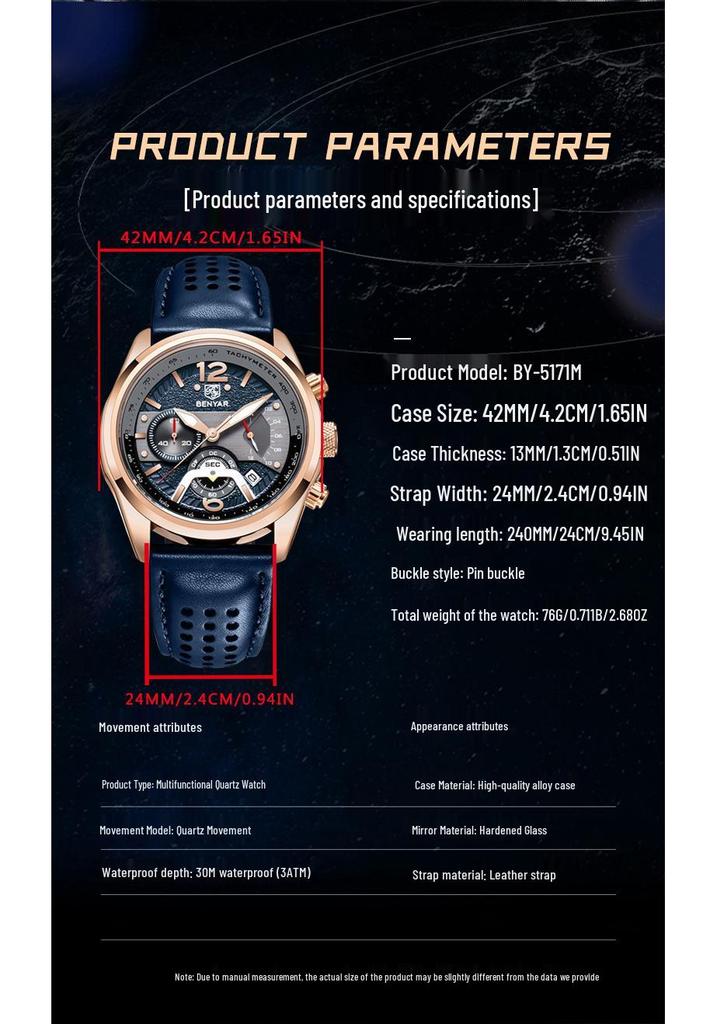 Benyar Men's Fashion Sport Chronograph Leather Quartz Watch - Model 5171