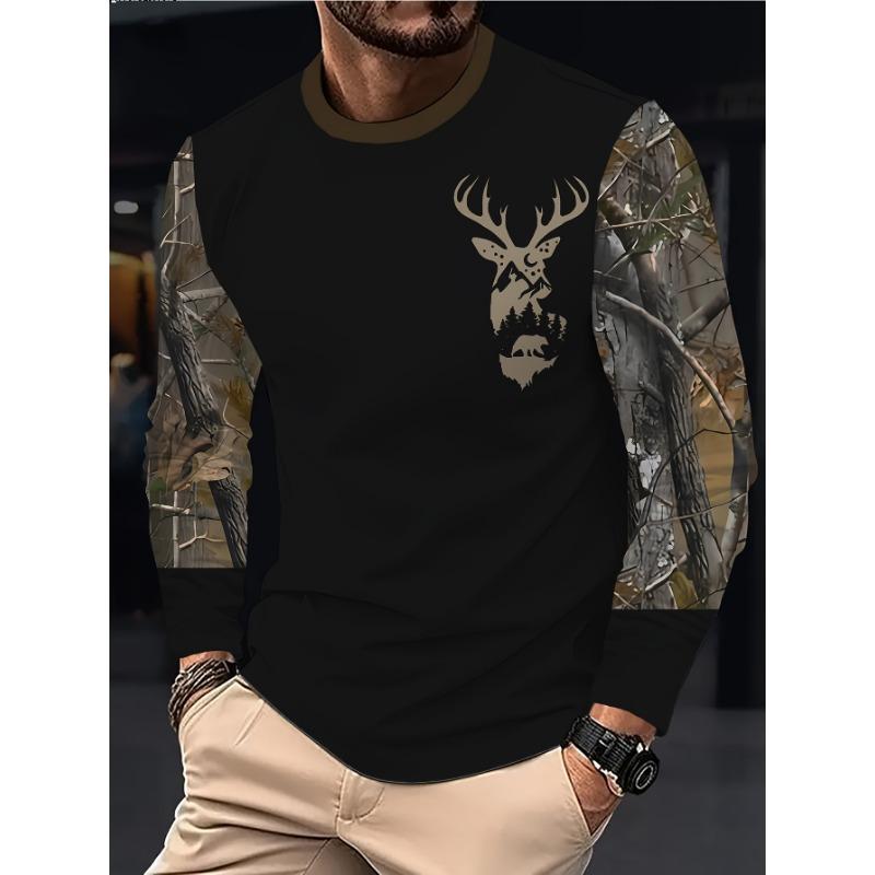 

Мужская сверхпрочная охотничья камуфляжная футболка с длинным рукавом - Дизайн с головой оленя и рогами XL