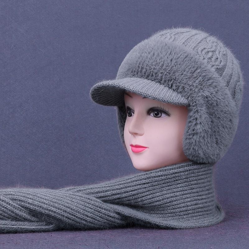 

Норкова оксамитова шапка з вовни, що захищає вуха, та набір шарфа для жінок - Зимова в язана качиний дзьоб